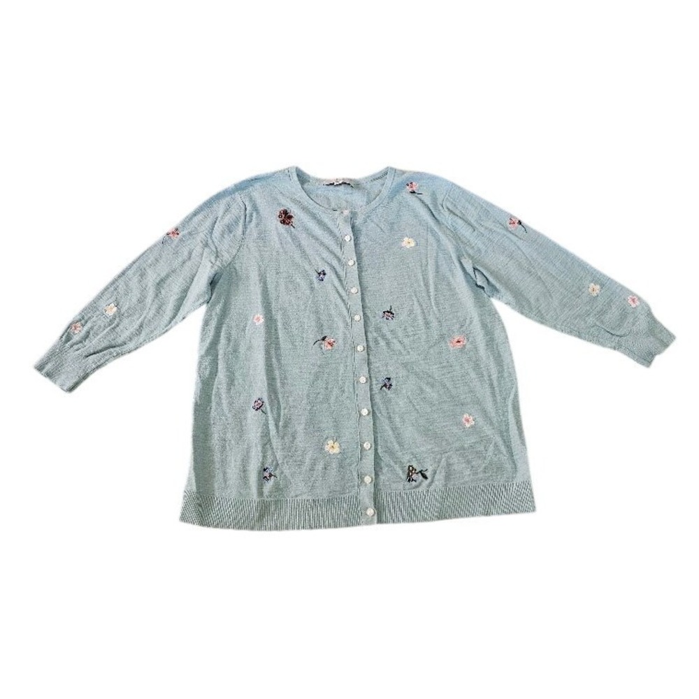 Loft Plus Womens Light Blue Floral Embroidered Button Front Cardigan Sweater 14